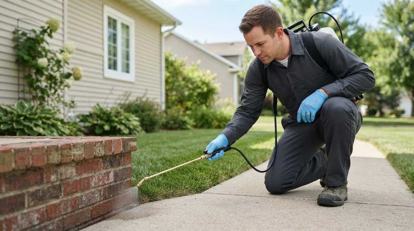 Pest control technician treating a home near La Grande, OR